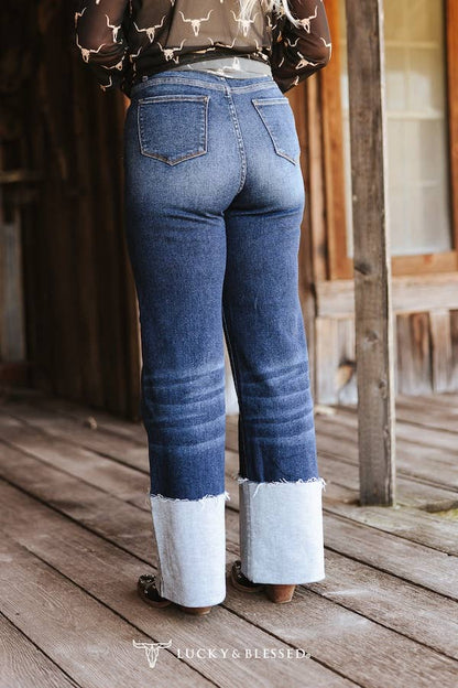 Plus Size Dark Wash High Rise Cuffed Wide Leg Jeans