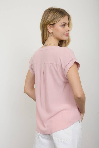 Ladder Lace Trim Split Neck Top