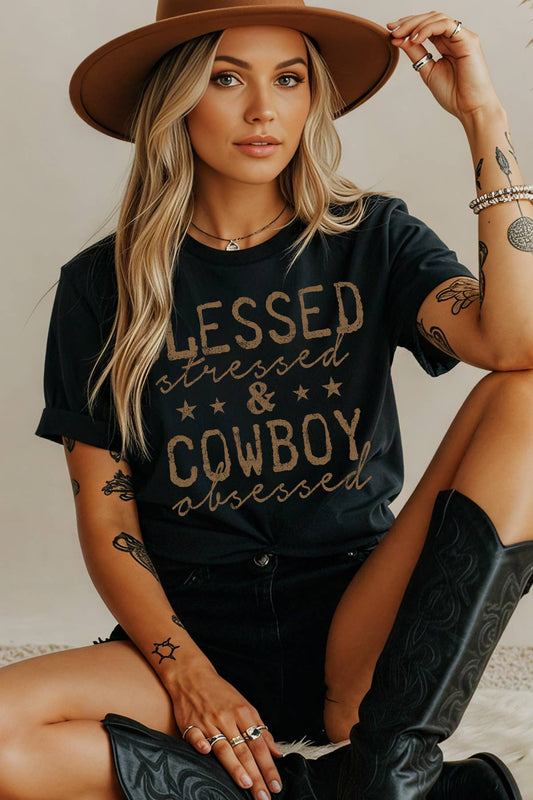 Women Cowboy Graphic Print Short Sleeve Loose Top