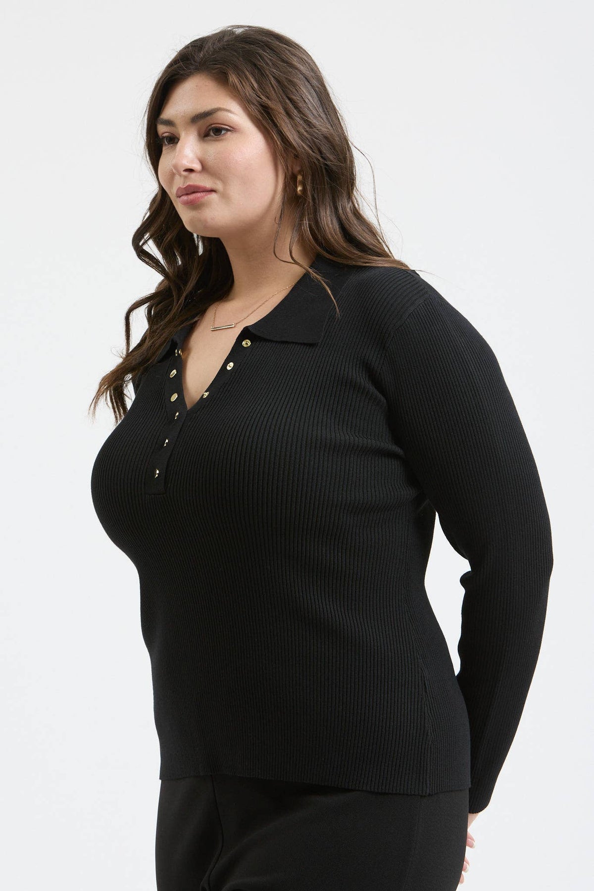 Plus Collard Gold Snap Long Sleeve