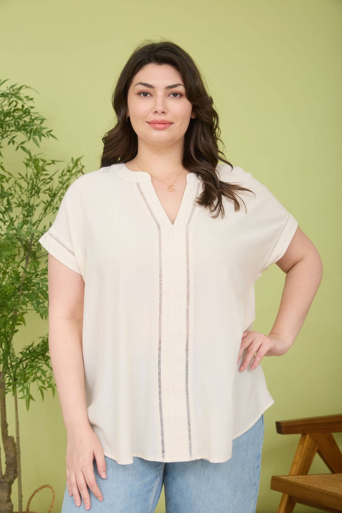 Plus Ladder Lace Trim Split Neck Short Sleeve Top