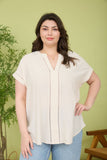 Plus Ladder Lace Trim Split Neck Short Sleeve Top