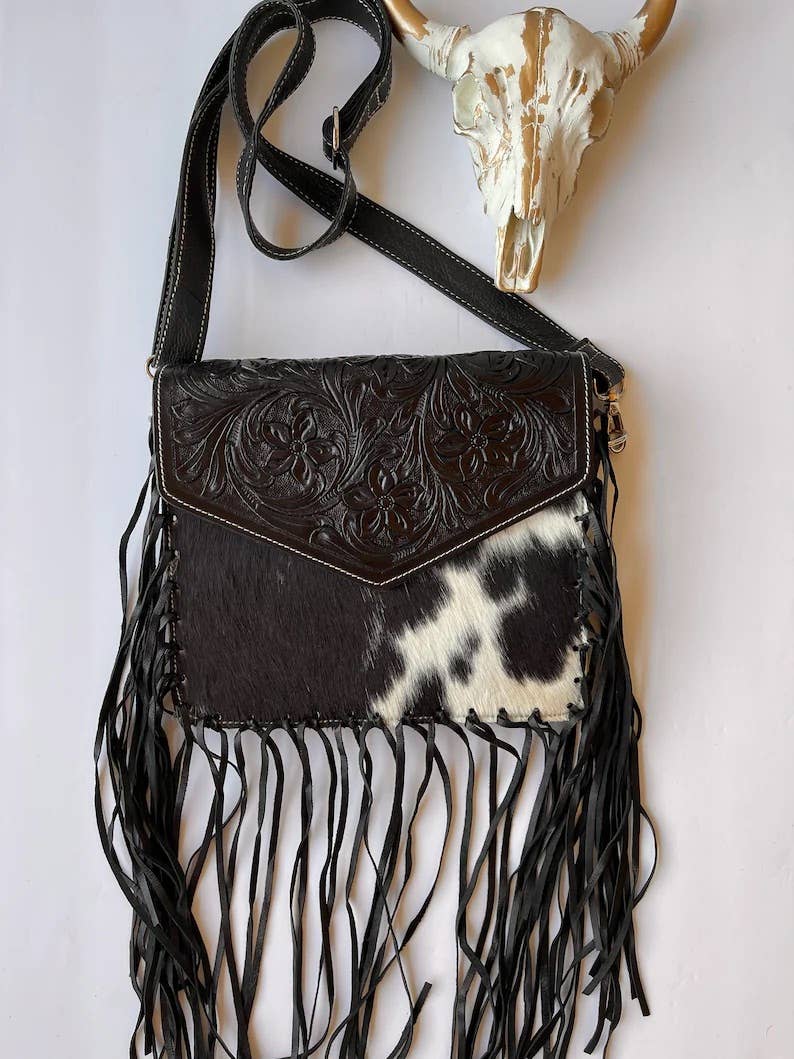 Western Leather Cowhide Fringe Tassel Clutch Crossbody