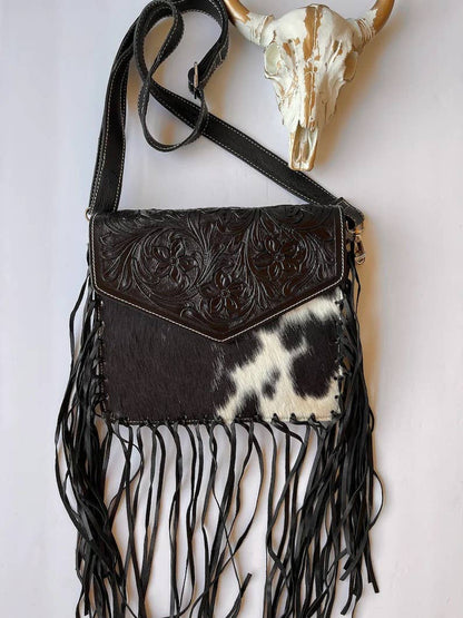 Western Leather Cowhide Fringe Tassel Clutch Crossbody