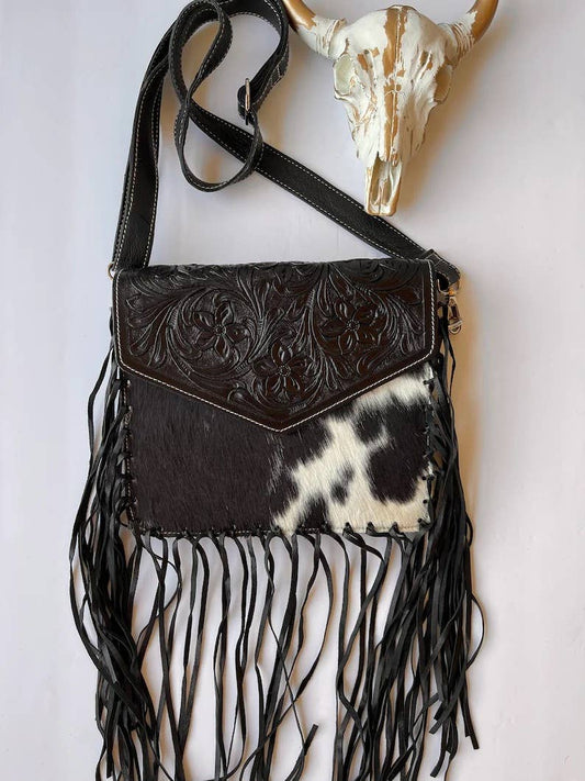 Western Leather Cowhide Fringe Tassel Clutch Crossbody