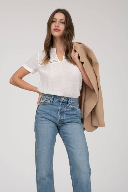 Short Sleeve Lace Trim Blouse