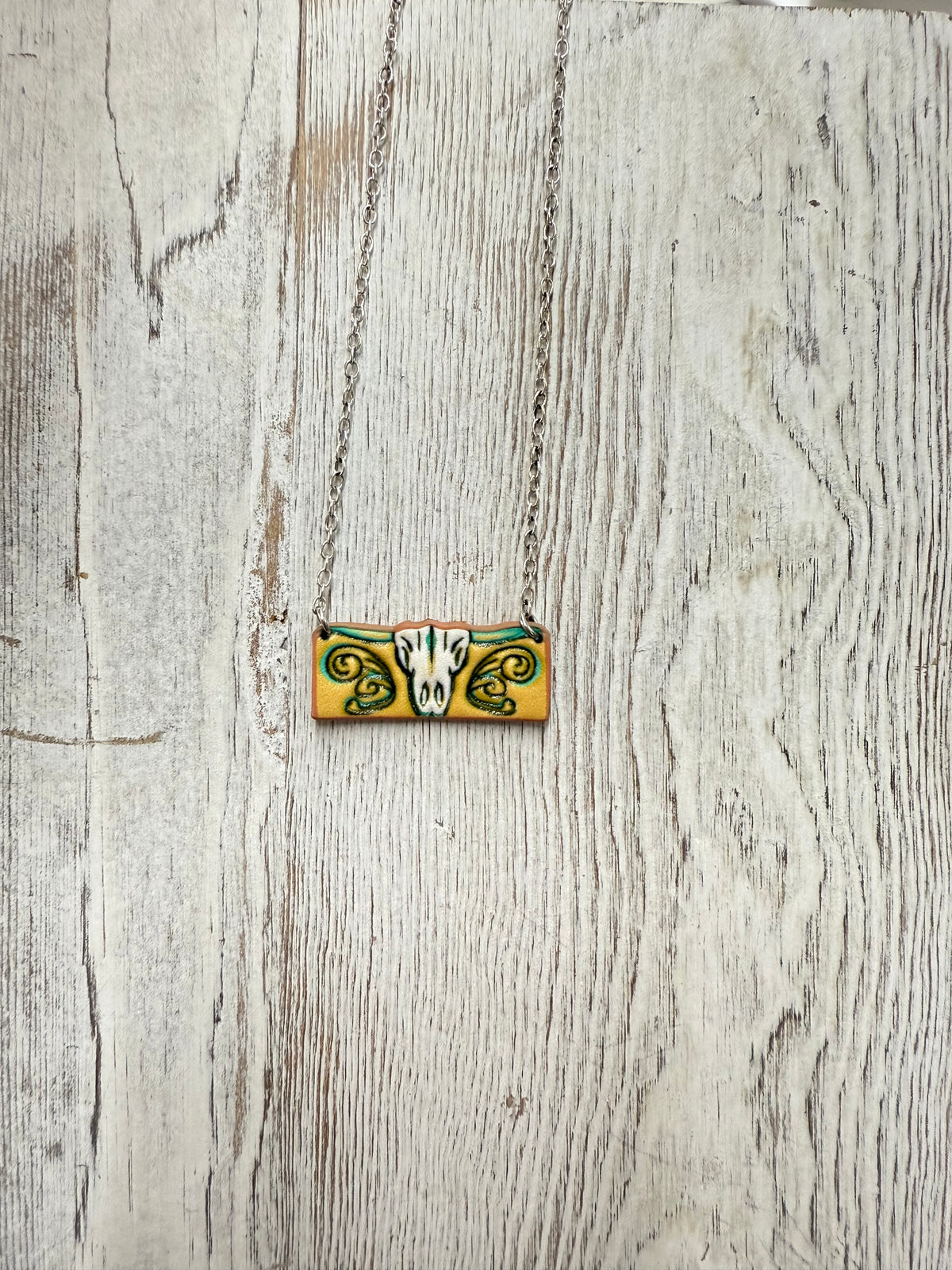 Western Tooled Leather Bar Necklace