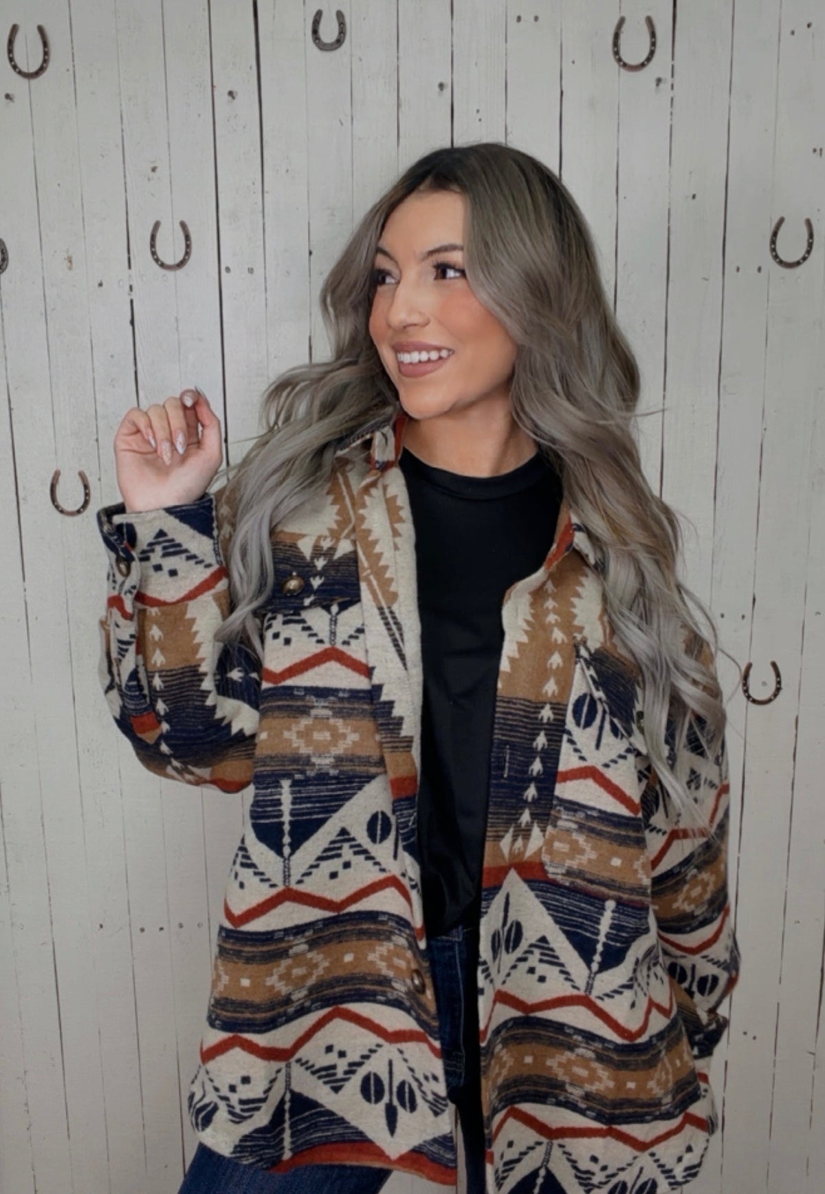 Oat/ Navy Oversized Shacket