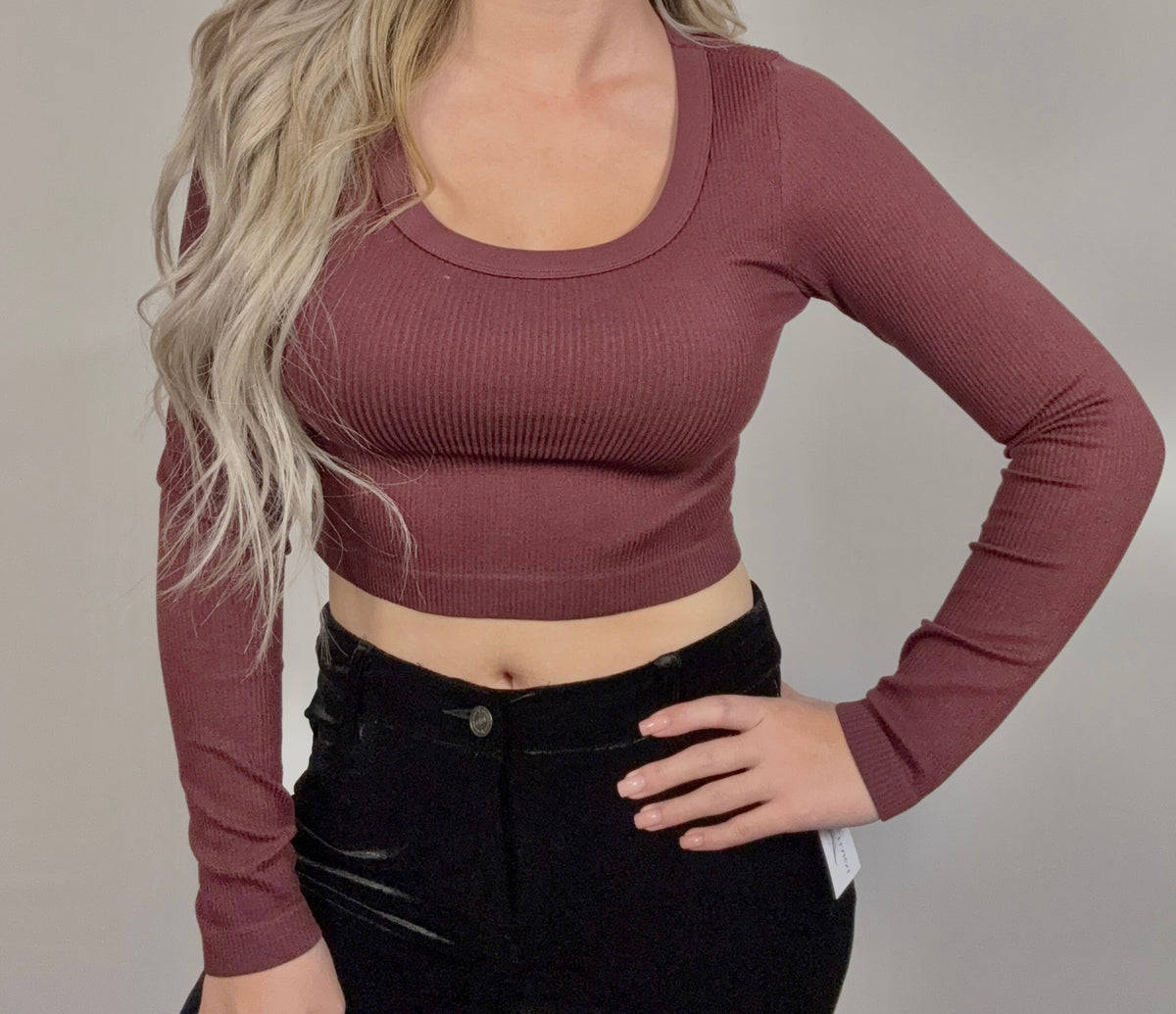 SCOOP NECK LONG SLEEVE SWEATER KNIT CROP TOP