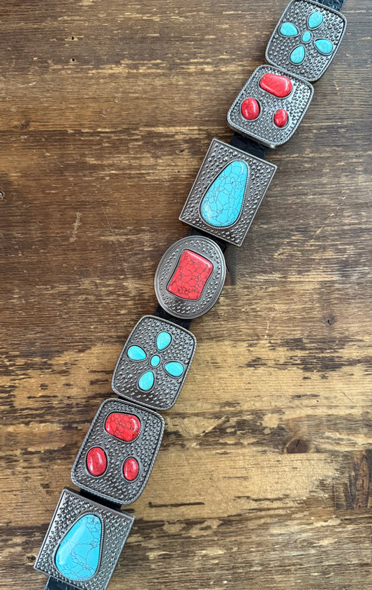Black Tooled Leather Turquoise/Red Stone Concho Belt