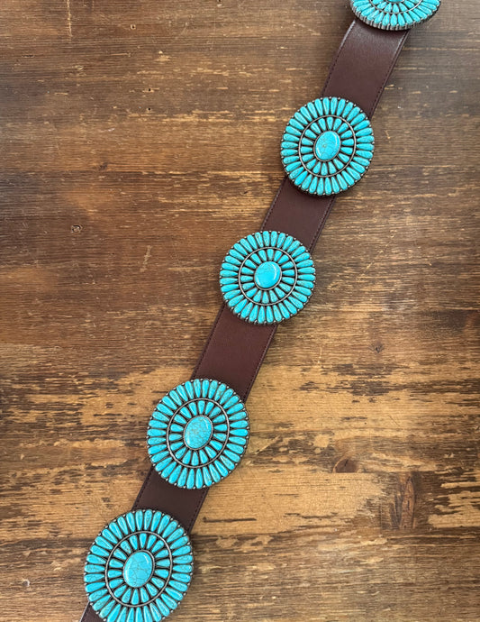 Brown Turquoise Stone Concho Leather Belt