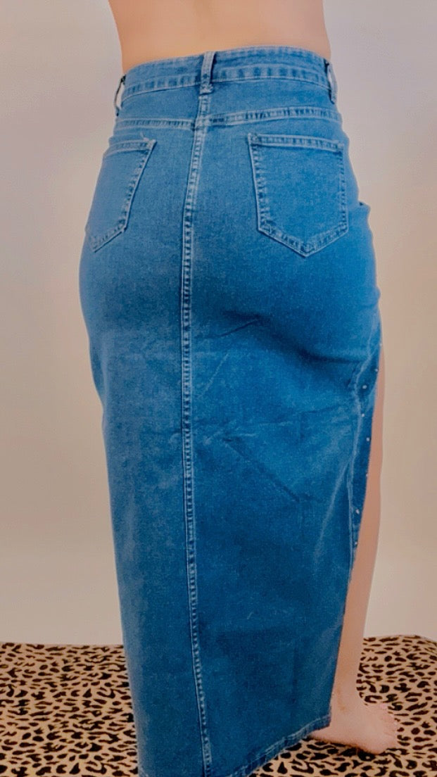 Denim Rhinestone Maxi Skirt