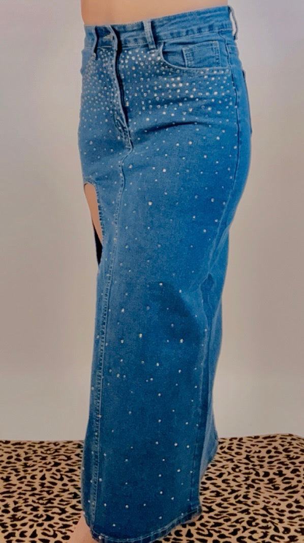 Denim Rhinestone Maxi Skirt