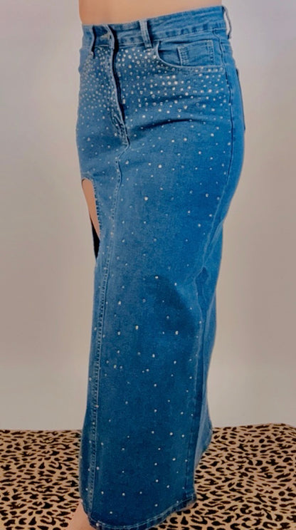 Denim Rhinestone Maxi Skirt