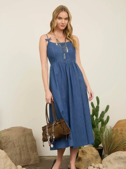 Bow Spaghetti Strap Denim Dress