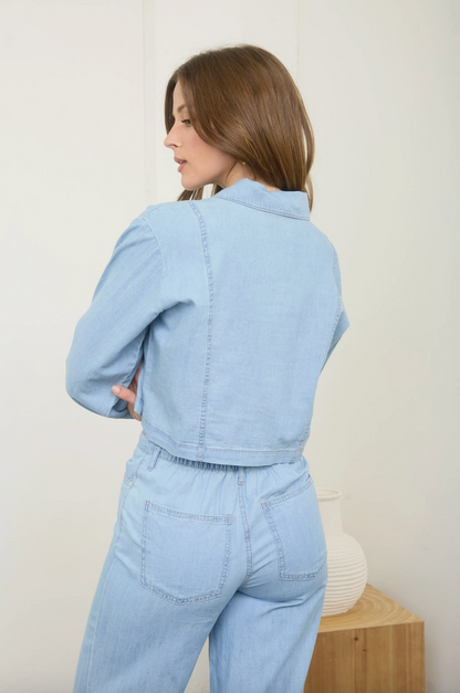Button Down Collared Denim Crop Top