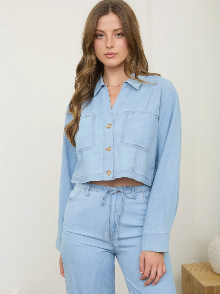 Button Down Collared Denim Crop Top