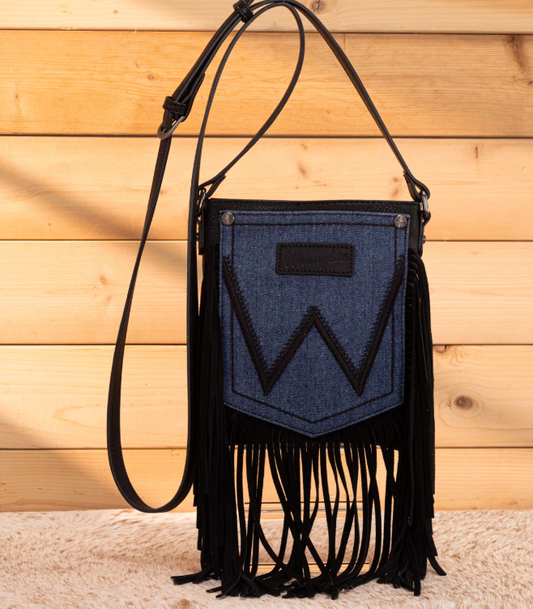 Wrangler Leather Fringe Jean Denim Pocket Crossbody
