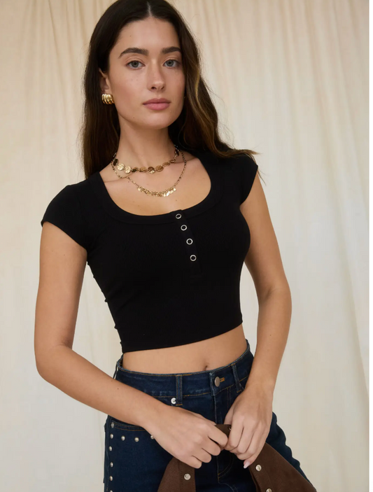 Snap Button Cropped Henley Top