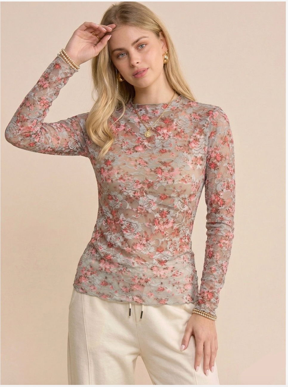Floral Long Sleeve Mesh Top