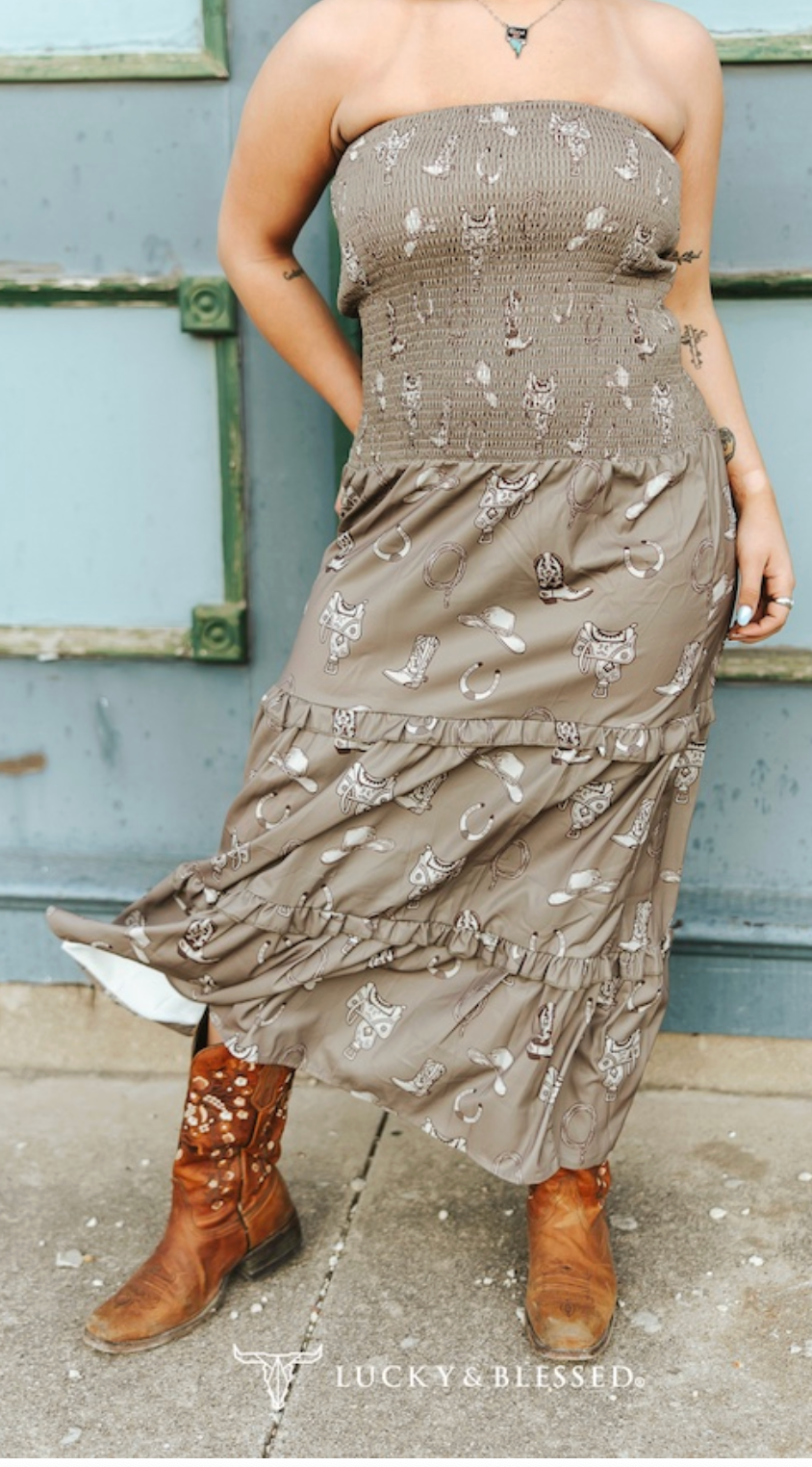 Boots Print Smocked Maxi Tier Dress