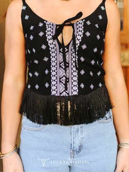 Black Aztec Fringe Top
