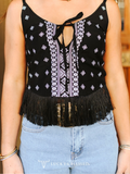 Black Aztec Fringe Top