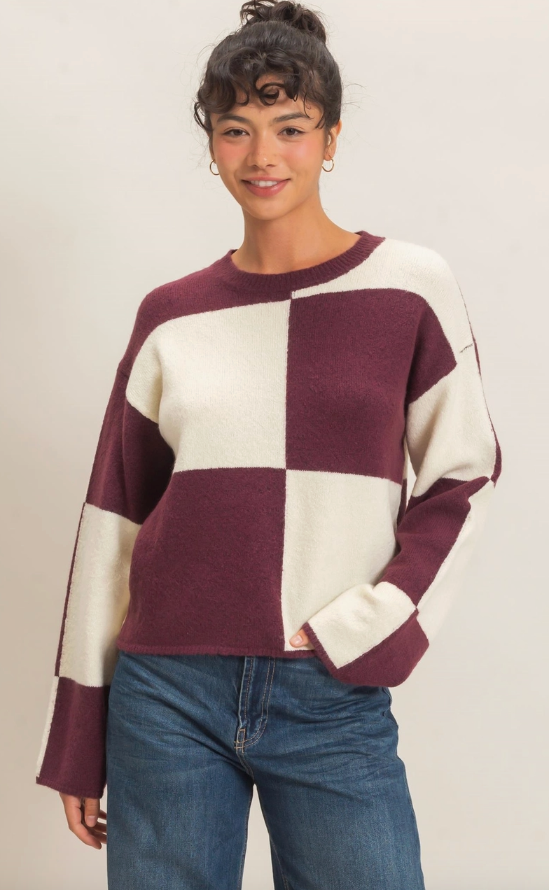 Crew Neck Checkered Sweater