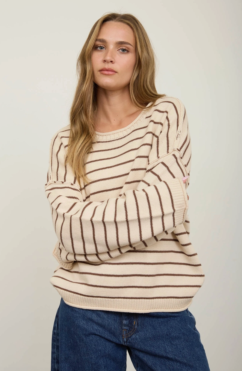Cream Striped Drop Shoulder Crew Neck Sweater