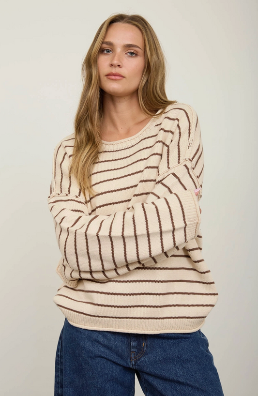 Cream Striped Drop Shoulder Crew Neck Sweater