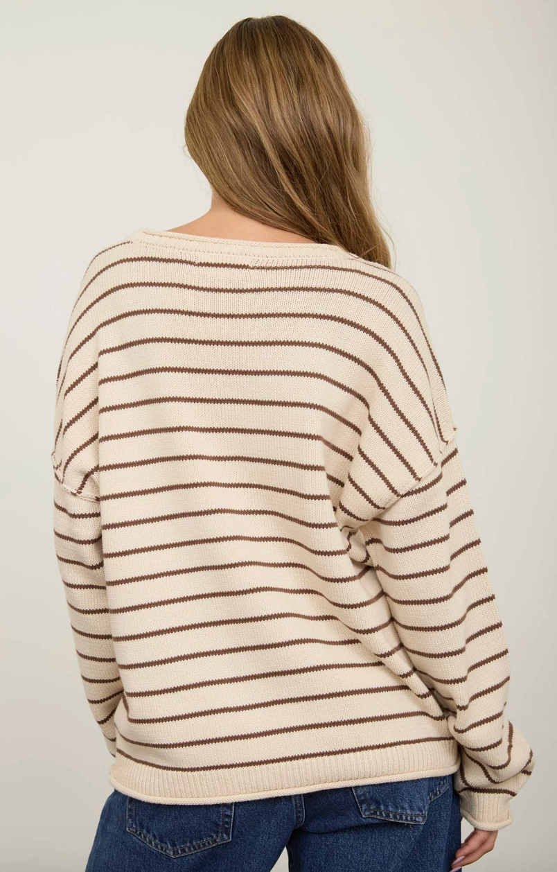 Cream Striped Drop Shoulder Crew Neck Sweater