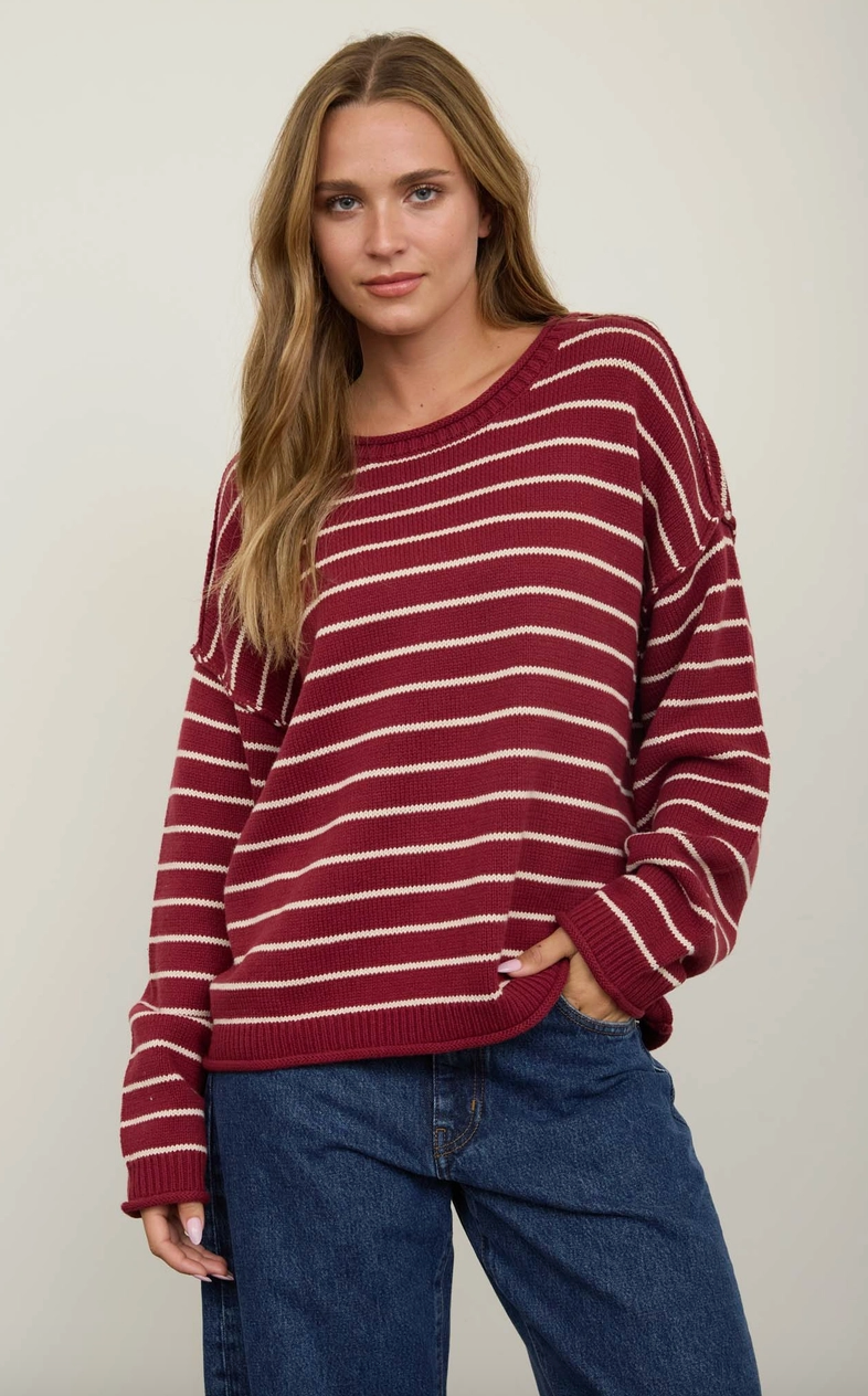 Cream Striped Drop Shoulder Crew Neck Sweater