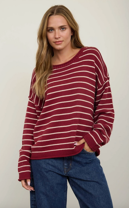 Cream Striped Drop Shoulder Crew Neck Sweater
