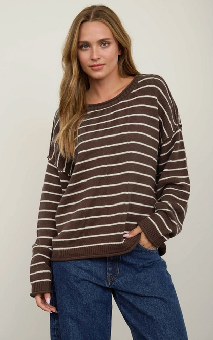 Cream Striped Drop Shoulder Crew Neck Sweater