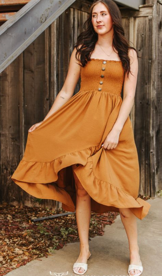 Camel Hi Low Ruffle Dress