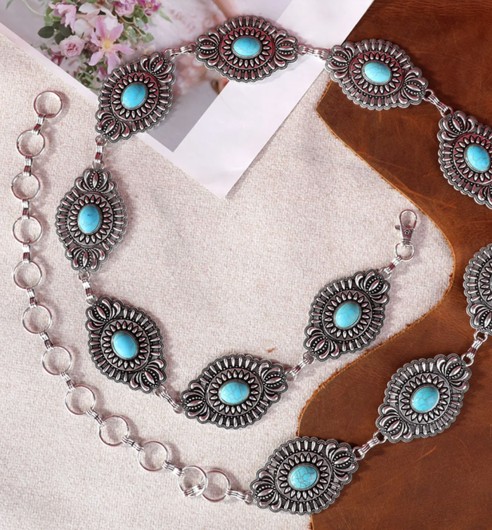 RC Etched Turquoise Oval Stone Concho Belt