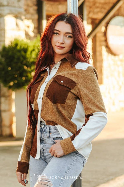 Multi Fabric Patchwork Denim Pearl Snap Western Shirt