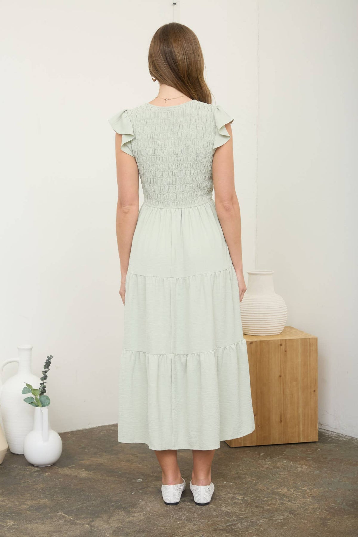 Flutter Sleeve V Neck Smocked Midi Dress