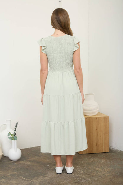 Flutter Sleeve V Neck Smocked Midi Dress