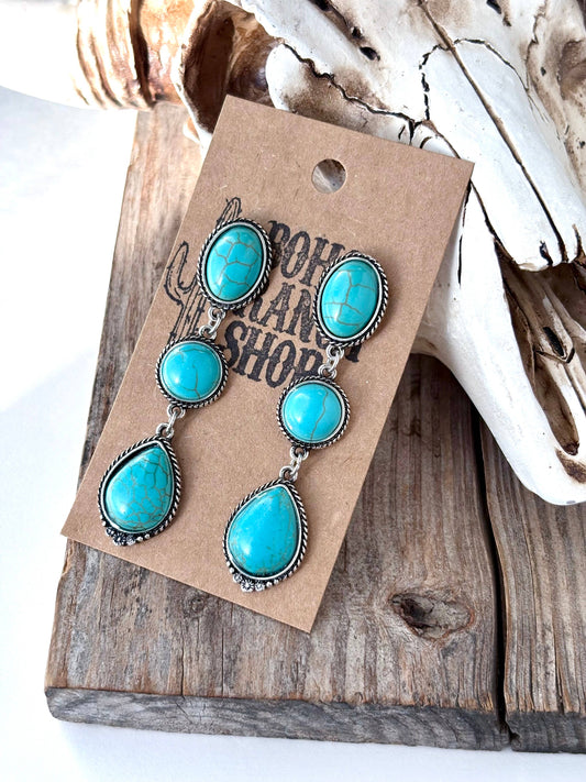 3 Tier Western Style Turquoise Stone Post Drop Earrings