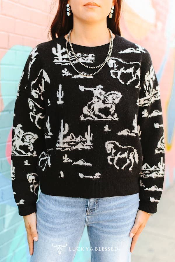 Plus Black Ivory Western Desert Knitted Long Sleeve Sweater