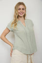Plus Ladder Lace Trim Split Neck Short Sleeve Top
