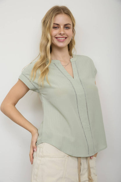 Ladder Lace Trim Split Neck Top