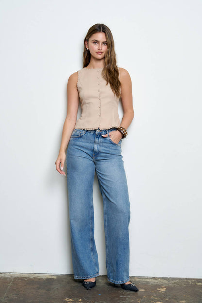 Scallop Lace Trim Button Down Vest Top