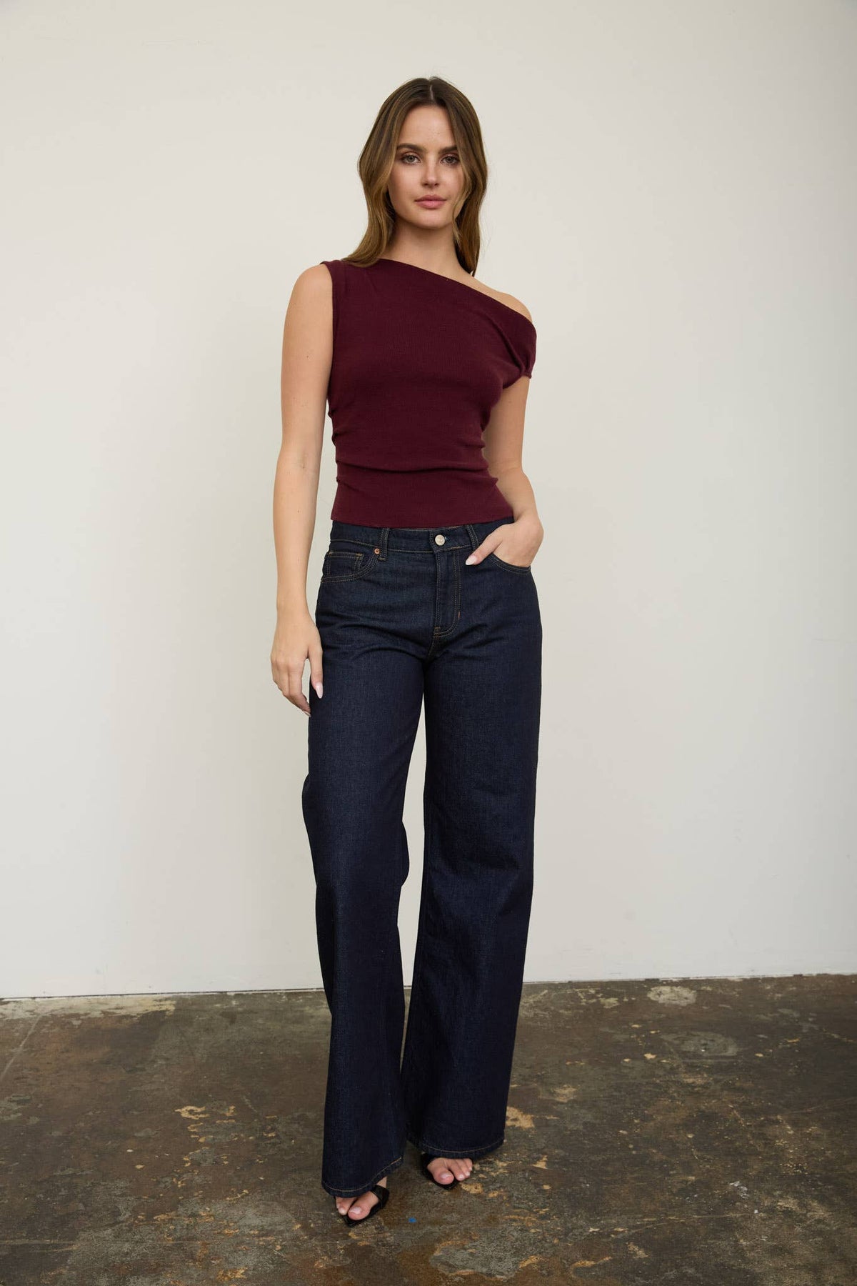 Asymmetric Boat Neck Fitted Knit Top