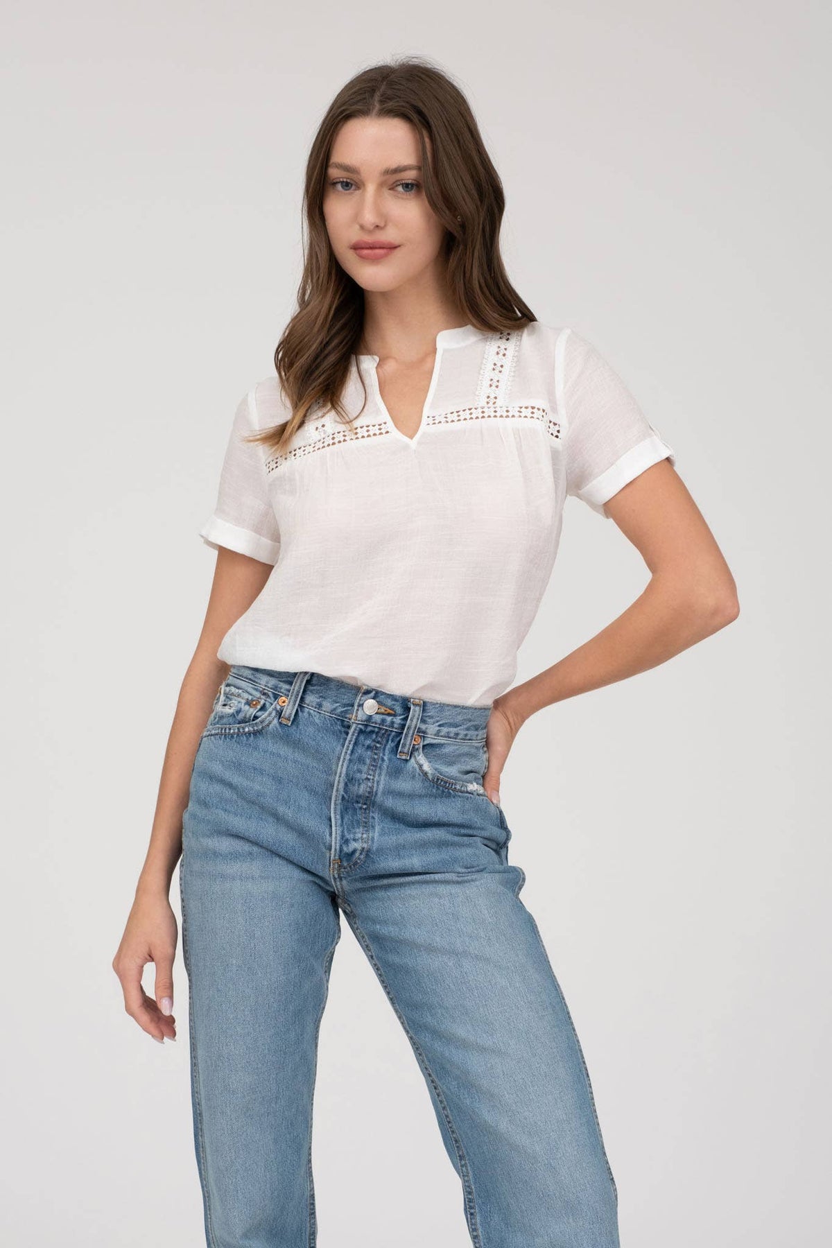 Short Sleeve Lace Trim Blouse