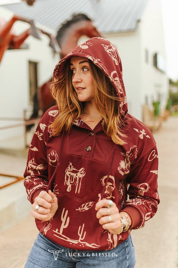 Burgundy Western Desert Hoodie Sweatshirt