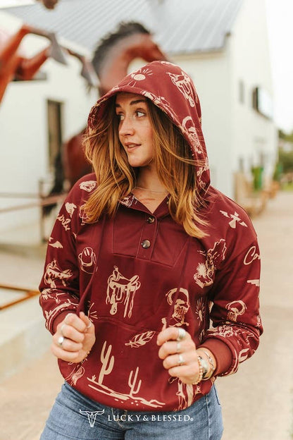 Burgundy Western Desert Hoodie Sweatshirt