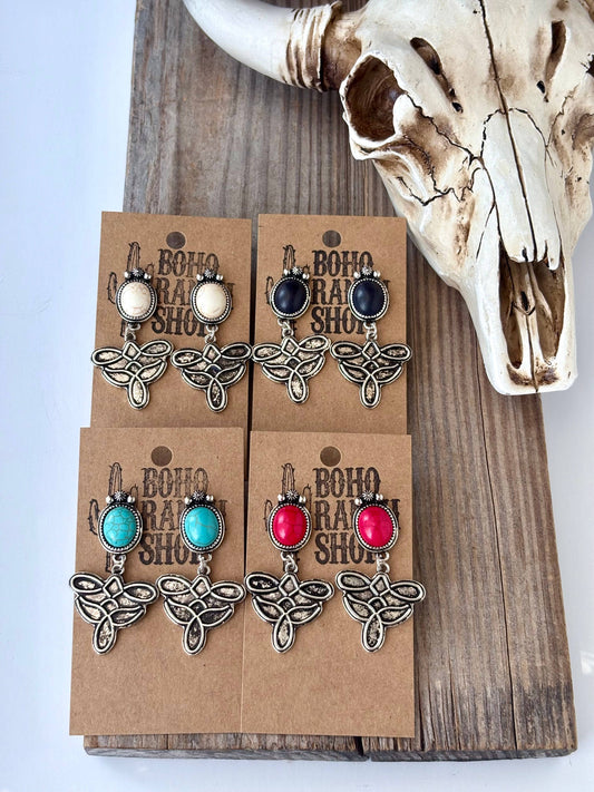 Western Oval Stone Concho Boot Stitch Post Drop Earrings