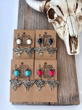 Western Oval Stone Concho Boot Stitch Post Drop Earrings